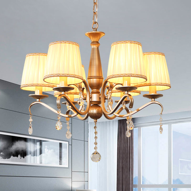 Traditional Barrel Shade Hanging Light 6 Bulbs Pleated Fabric Ceiling Chandelier with Gold Curved Arm Clearhalo 'Ceiling Lights' 'Chandeliers' Lighting' options 1435209