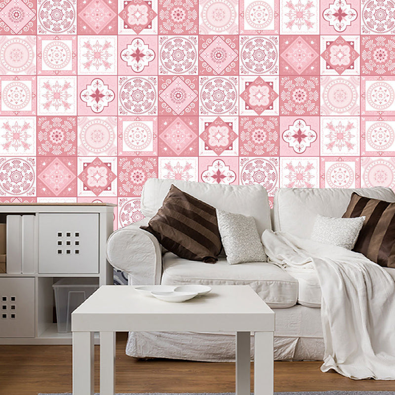 Pink Tiles Wallpaper Panels Geometric Bohemia Peel and Paste Wall Decor for Home Pink Clearhalo 'Wall Decor' 'Wallpaper' 1440086