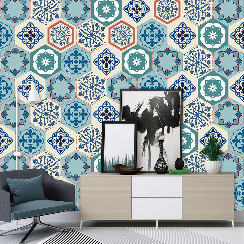 Aqua Bohemian Stick Wallpaper Panel 5.9-sq ft Flower Print Wall Art for Living Room Aqua Clearhalo 'Wall Decor' 'Wallpaper' 1440090