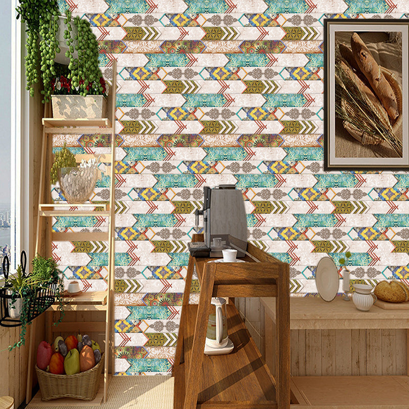 Bohemia Chevron Tiles Wallpaper Panel PVC Adhesive Brown-Green-Yellow Wall Decor for Bathroom Brown-Green-Yellow Clearhalo 'Wall Decor' 'Wallpaper' 1440095