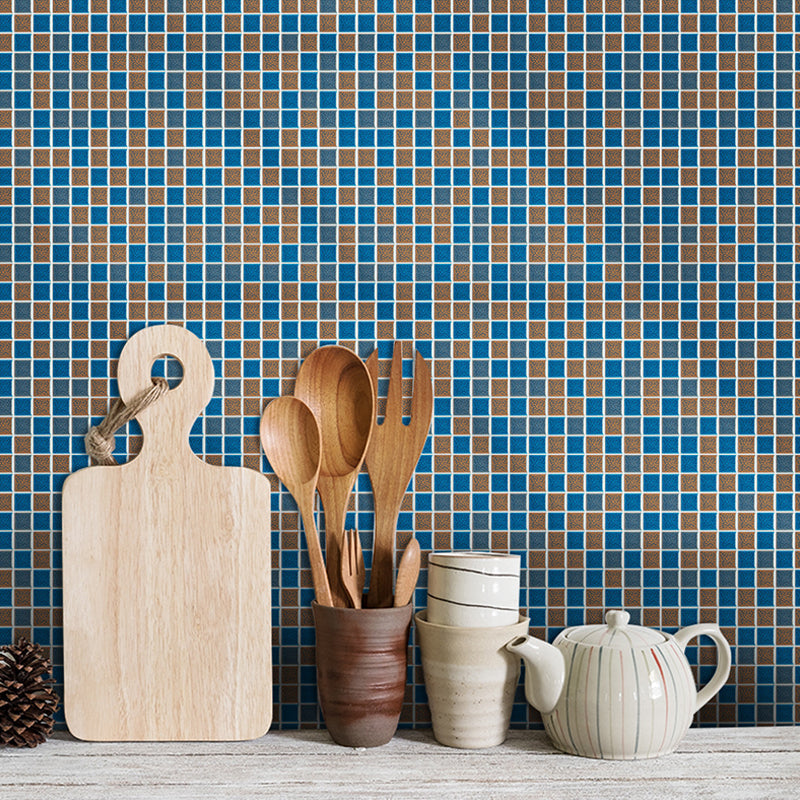 Faux Mosaic Tile Wallpapers Modern Style Smooth Wall Art in Blue and Brown, Self-Stick Clearhalo 'Wall Decor' 'Wallpaper' 1440151