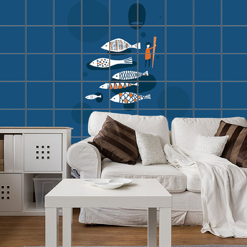 Cartoon Fish Racing Wallpaper Panel Set Blue Pick-Up Sticks Wall Art for Kitchen Clearhalo 'Wall Decor' 'Wallpaper' 1440399