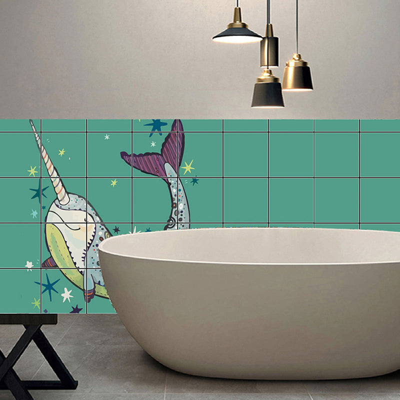 Green Narwhal Wallpaper Panels Self-Sticking Novelty Child Bedroom Wall Covering Green Clearhalo 'Wall Decor' 'Wallpaper' 1440404