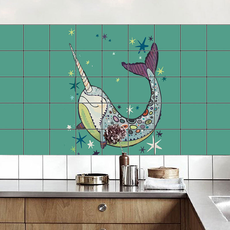 Green Narwhal Wallpaper Panels Self-Sticking Novelty Child Bedroom Wall Covering Clearhalo 'Wall Decor' 'Wallpaper' 1440406