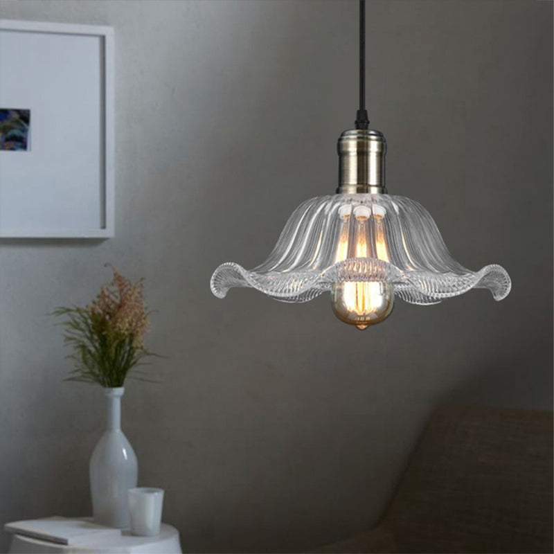 1 Light Bowl Pendant Lighting Fixture Industrial Brass Clear Glass Hanging Ceiling Light with Wavy Edge, 8