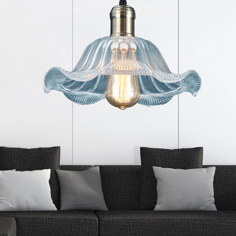 1 Light Bowl Pendant Lighting Fixture Industrial Brass Clear Glass Hanging Ceiling Light with Wavy Edge, 8