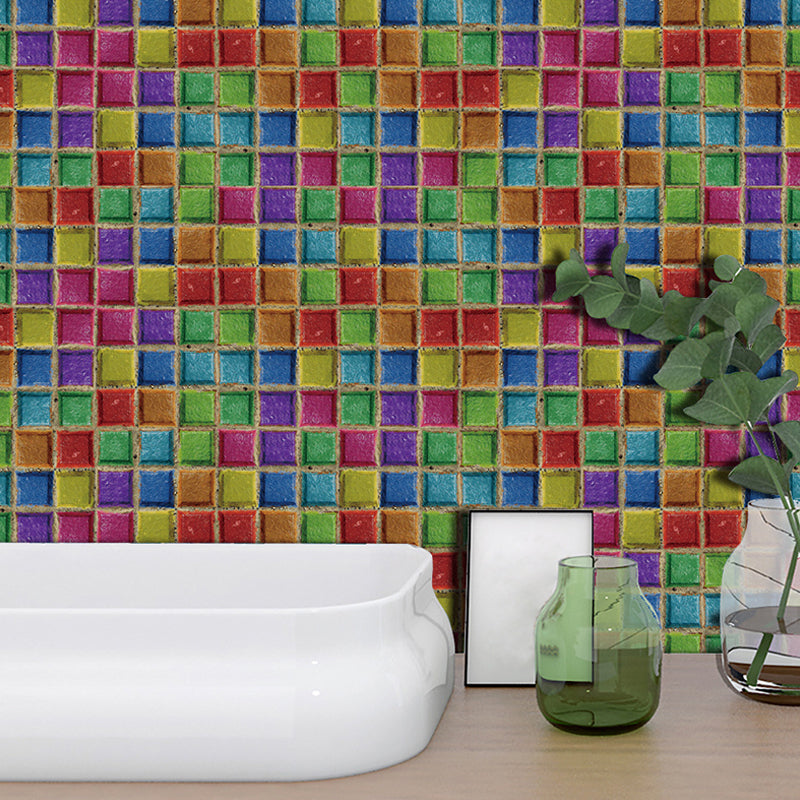 Colorful Faux Tiles Wallpaper Panels Bathroom Mosaic Effect Stick On Wall Decor, 4.1-sq ft Red-Yellow-Blue-Green Clearhalo 'Wall Decor' 'Wallpaper' 1440439