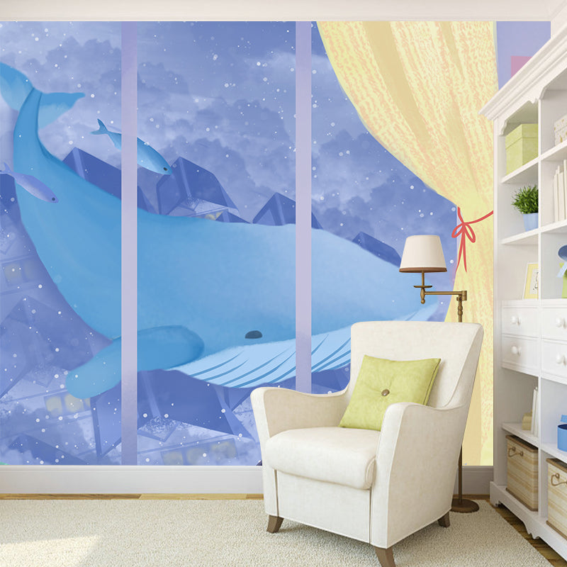 Whale Outside the Window Mural Purple-Yellow Childrens Art Wall Covering for Kids Room Purple-Yellow Clearhalo 'Wall Decor' 'Wall Mural' 1440551