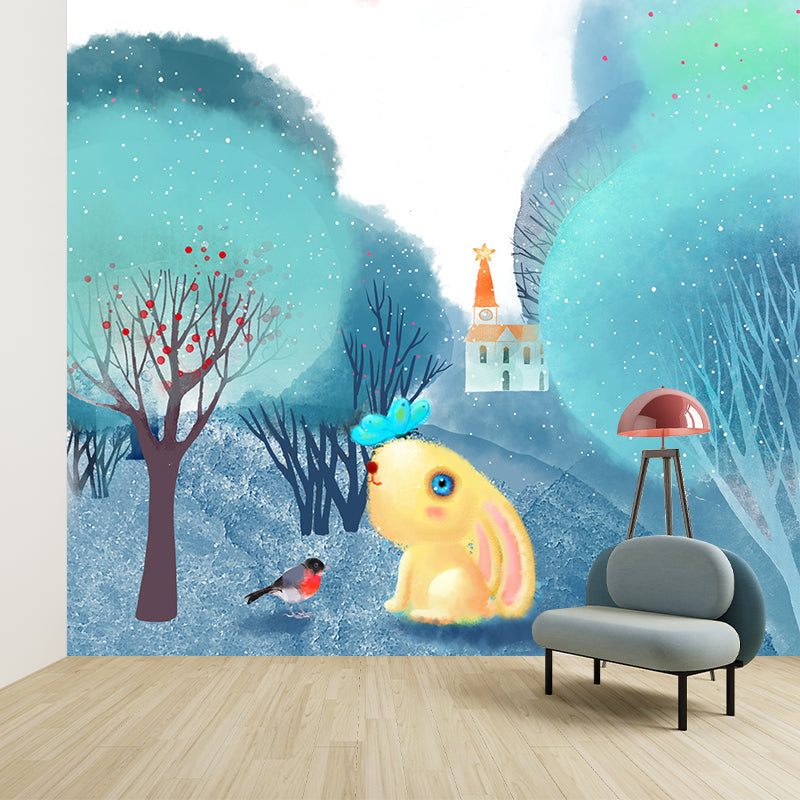 Cartoon Animal Wallpaper Mural Blue-White Rural Landscape Wall Covering for Nursery Blue-White Clearhalo 'Wall Decor' 'Wall Mural' 1440606