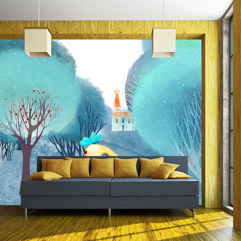 Cartoon Animal Wallpaper Mural Blue-White Rural Landscape Wall Covering for Nursery Clearhalo 'Wall Decor' 'Wall Mural' 1440608