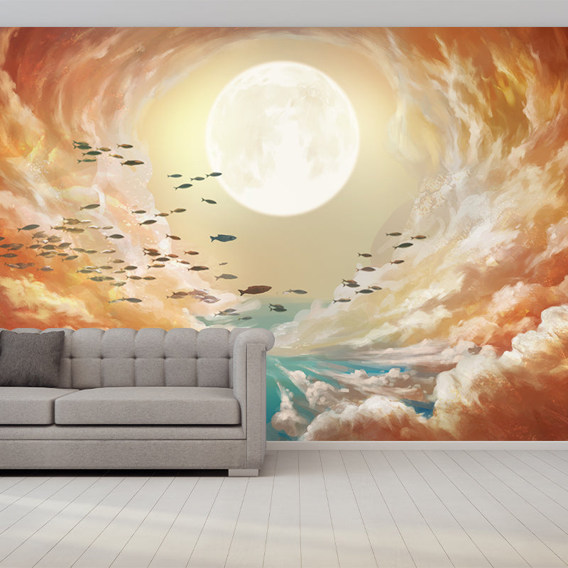 Super Moon and Cloud Mural Yellow-Blue Childrens Art Wall Covering for Living Room Clearhalo 'Wall Decor' 'Wall Mural' 1440622