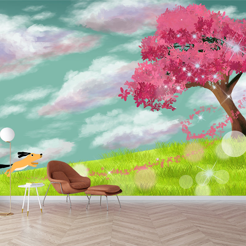 Whole Dog Running Mural Kids Alone Cherry Tree in Meadow Wall Decor in Pink-Green Clearhalo 'Wall Decor' 'Wall Mural' 1440632