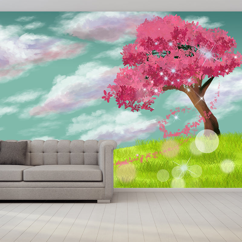 Whole Dog Running Mural Kids Alone Cherry Tree in Meadow Wall Decor in Pink-Green Clearhalo 'Wall Decor' 'Wall Mural' 1440633