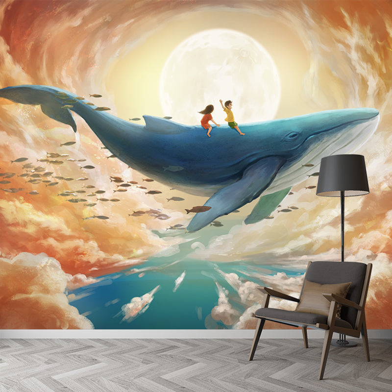 Smooth Whole Yellow-Blue Mural Childrens Art Kids Trip with Whale Under Super Moon Wall Covering, Custom Made Clearhalo 'Wall Decor' 'Wall Mural' 1440637