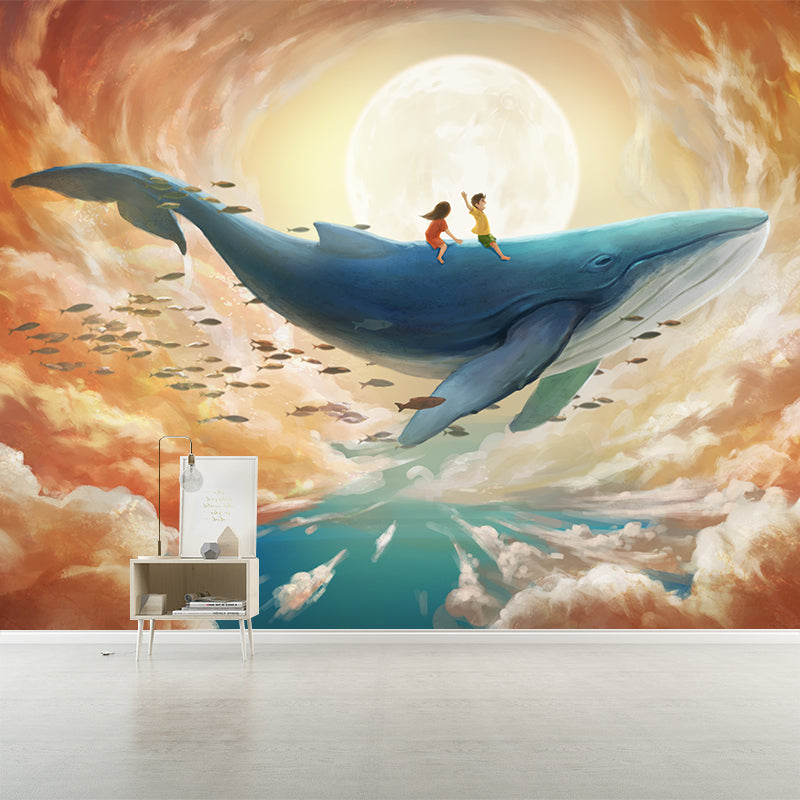 Smooth Whole Yellow-Blue Mural Childrens Art Kids Trip with Whale Under Super Moon Wall Covering, Custom Made Clearhalo 'Wall Decor' 'Wall Mural' 1440638