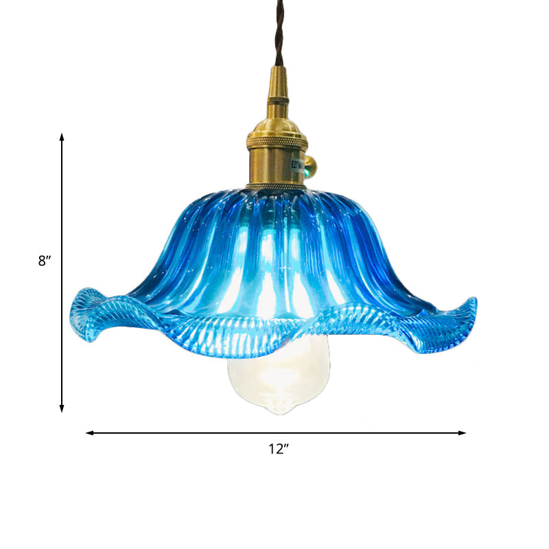 Industrial Scalloped Hanging Ceiling Light 1 Light Blue Glass Pendant Lighting Fixture, 12