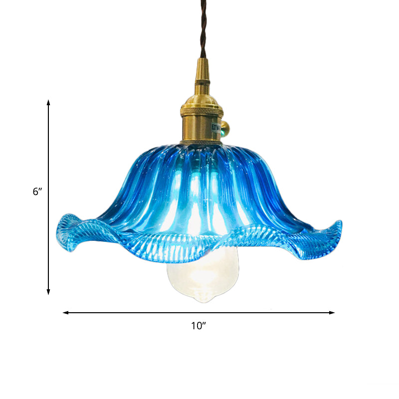 Industrial Scalloped Hanging Ceiling Light 1 Light Blue Glass Pendant Lighting Fixture, 12