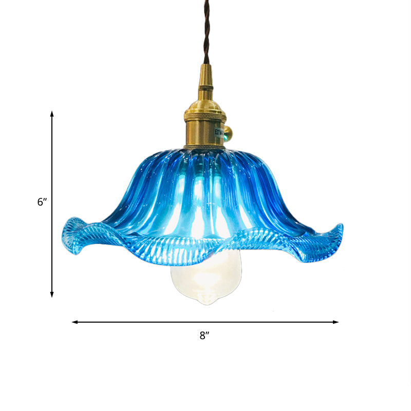 Industrial Scalloped Hanging Ceiling Light 1 Light Blue Glass Pendant Lighting Fixture, 12