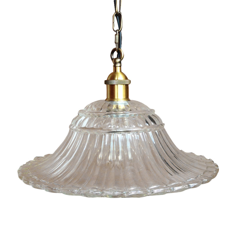 1 Light Scalloped Pendant Lighting Fixture Vintage Brass Ribbed Glass Hanging Ceiling Light Clearhalo 'Ceiling Lights' 'Close To Ceiling Lights' 'Glass shade' 'Glass' 'Industrial Pendants' 'Industrial' 'Middle Century Pendants' 'Pendant Lights' 'Pendants' 'Tiffany' Lighting' 144112