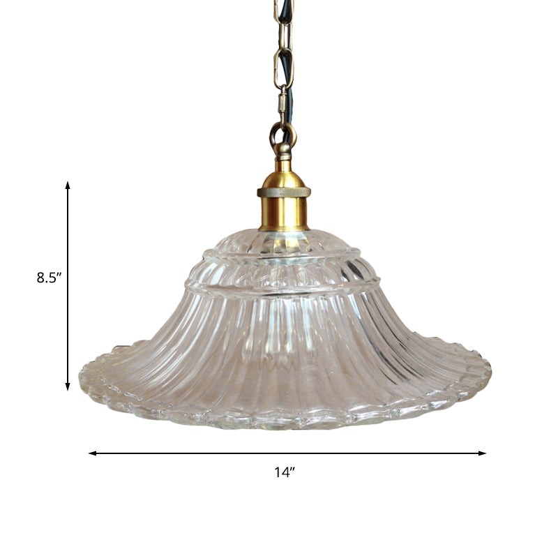 1 Light Scalloped Pendant Lighting Fixture Vintage Brass Ribbed Glass Hanging Ceiling Light Clearhalo 'Ceiling Lights' 'Close To Ceiling Lights' 'Glass shade' 'Glass' 'Industrial Pendants' 'Industrial' 'Middle Century Pendants' 'Pendant Lights' 'Pendants' 'Tiffany' Lighting' 144113