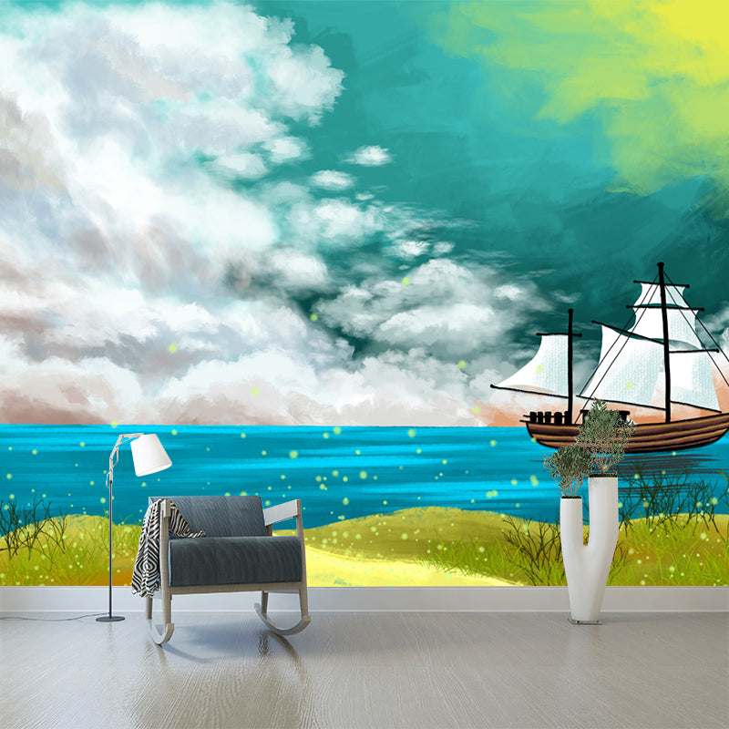 Kids Sailing Ship Mural Wallpaper Yellow-Blue Spring Seaside Landscape Wall Art for Home Yellow-Blue Clearhalo 'Wall Decor' 'Wall Mural' 1442634