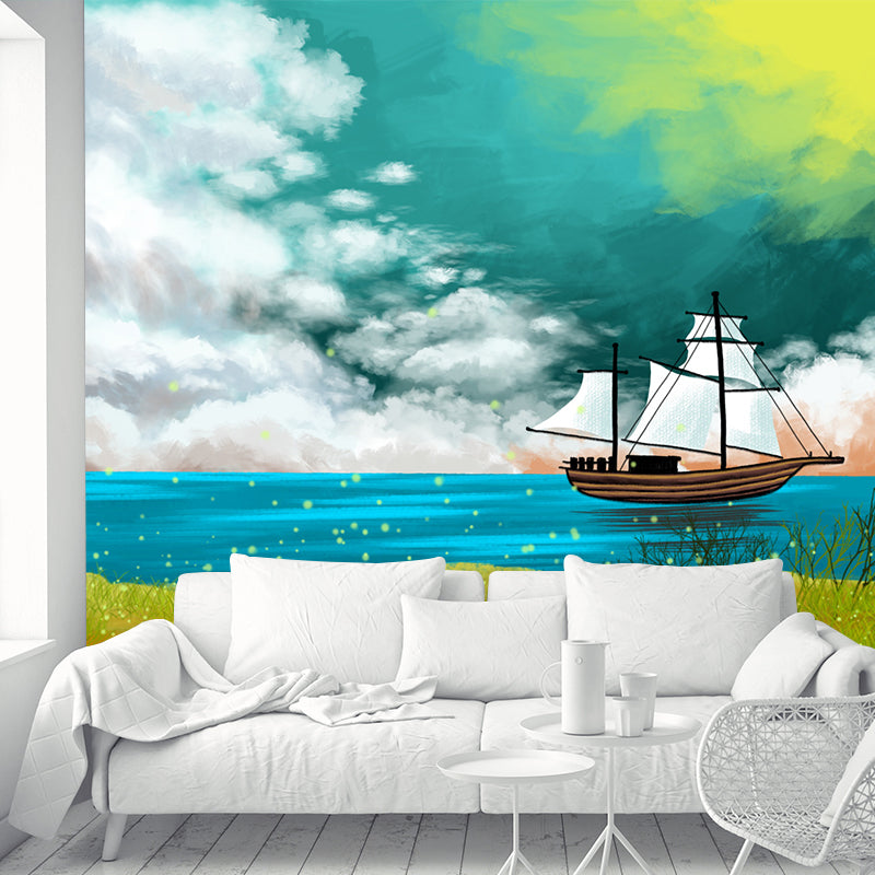 Kids Sailing Ship Mural Wallpaper Yellow-Blue Spring Seaside Landscape Wall Art for Home Clearhalo 'Wall Decor' 'Wall Mural' 1442635