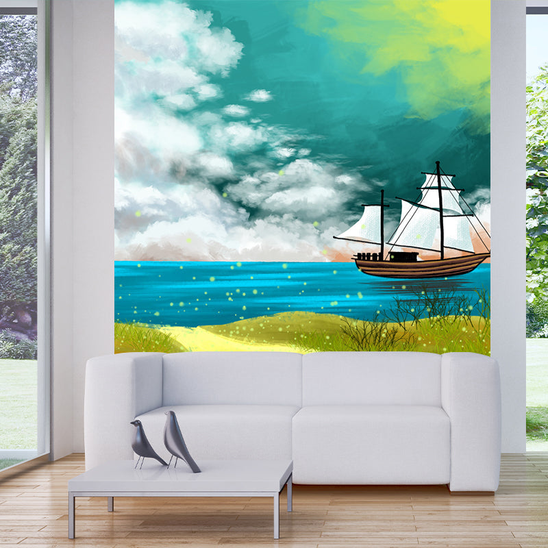 Kids Sailing Ship Mural Wallpaper Yellow-Blue Spring Seaside Landscape Wall Art for Home Clearhalo 'Wall Decor' 'Wall Mural' 1442636