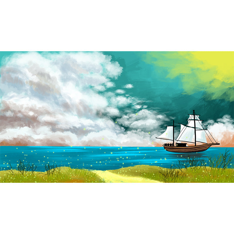 Kids Sailing Ship Mural Wallpaper Yellow-Blue Spring Seaside Landscape Wall Art for Home Clearhalo 'Wall Decor' 'Wall Mural' 1442637