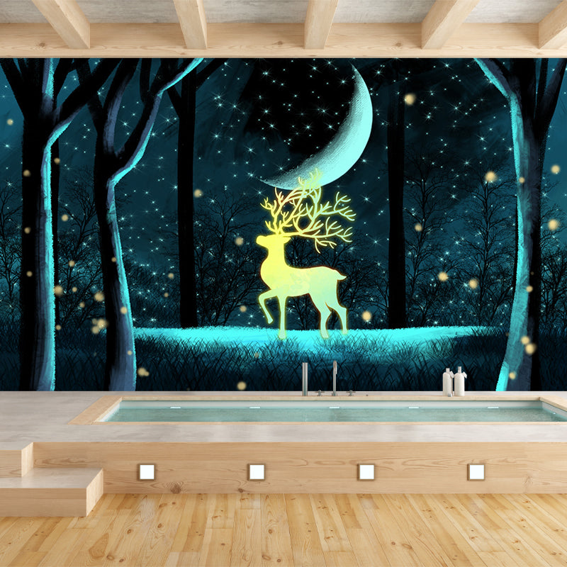 Personalized Illustration Cartoon Mural with Stag in Snowy Forest at Night Pattern in Blue-Yellow Blue-Yellow Clearhalo 'Wall Decor' 'Wall Mural' 1442639