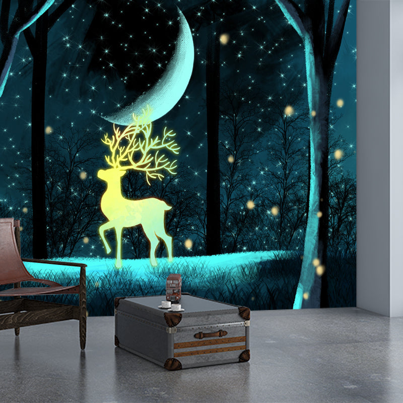 Personalized Illustration Cartoon Mural with Stag in Snowy Forest at Night Pattern in Blue-Yellow Clearhalo 'Wall Decor' 'Wall Mural' 1442640