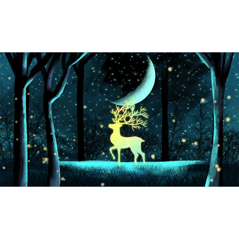 Personalized Illustration Cartoon Mural with Stag in Snowy Forest at Night Pattern in Blue-Yellow Clearhalo 'Wall Decor' 'Wall Mural' 1442642