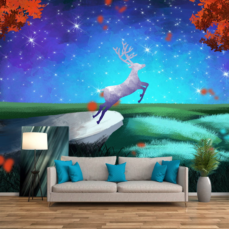 Blue-Orange Childrens Art Mural Big Deer in Starry Night Forest Wall Decor for Bedroom Clearhalo 'Wall Decor' 'Wall Mural' 1442651