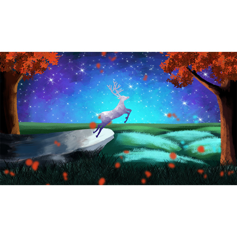 Blue-Orange Childrens Art Mural Big Deer in Starry Night Forest Wall Decor for Bedroom Clearhalo 'Wall Decor' 'Wall Mural' 1442652