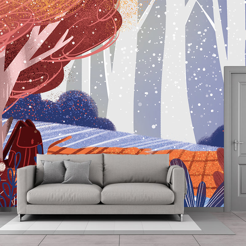 Picnic in the Forest Mural Blue-Brown Childrens Art Wall Covering for Bedroom, Non-Woven Cloth Clearhalo 'Wall Decor' 'Wall Mural' 1442656