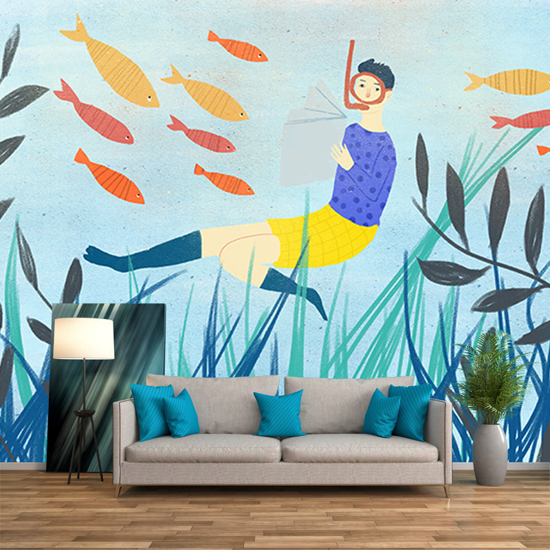 Blue Reading Undersea Mural Decal Moisture Resistant Wall Art for Childrens Bedroom Blue Clearhalo 'Wall Decor' 'Wall Mural' 1442661