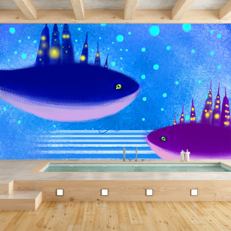 Huge Whale Castle Wall Mural Blue-Purple Non-Woven Wall Decor, Stain Resistant, Custom Print Blue-Purple Clearhalo 'Wall Decor' 'Wall Mural' 1442666