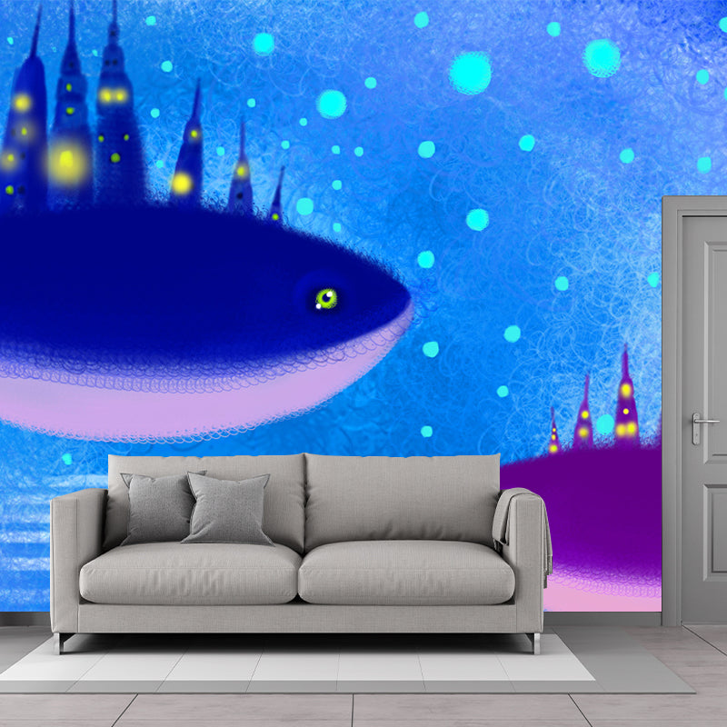 Huge Whale Castle Wall Mural Blue-Purple Non-Woven Wall Decor, Stain Resistant, Custom Print Clearhalo 'Wall Decor' 'Wall Mural' 1442667