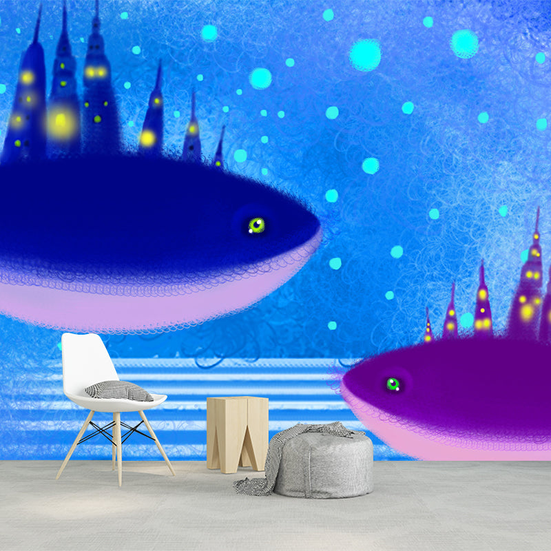 Huge Whale Castle Wall Mural Blue-Purple Non-Woven Wall Decor, Stain Resistant, Custom Print Clearhalo 'Wall Decor' 'Wall Mural' 1442668