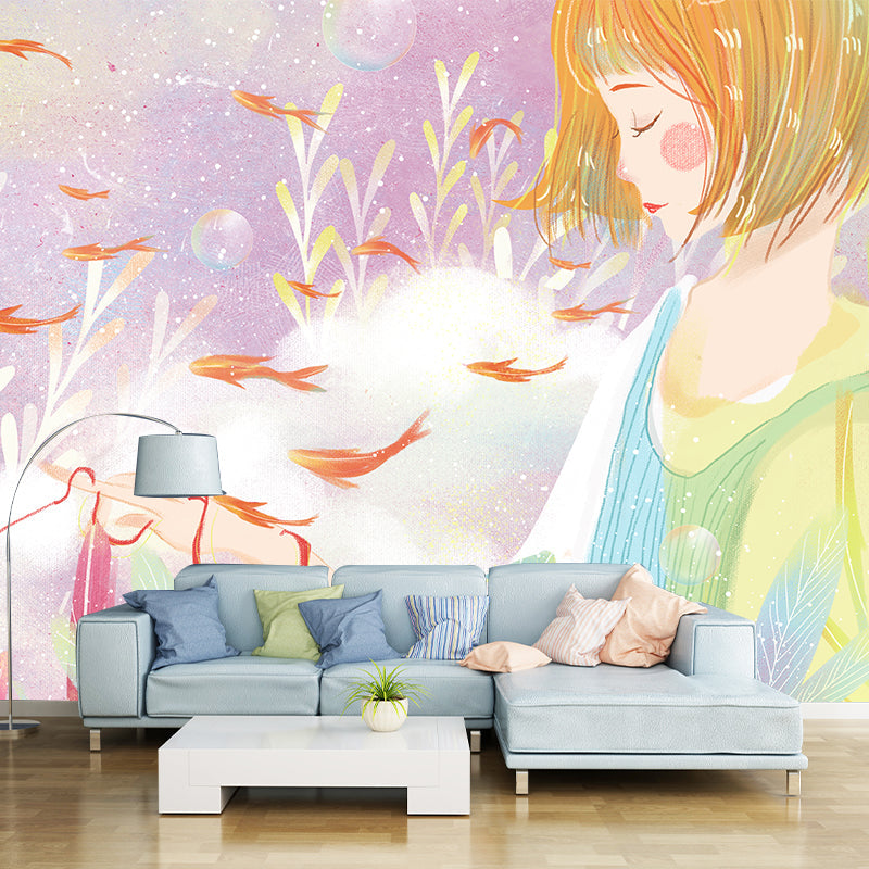 Girl Under Sea Wallpaper Mural Cartoon Waterproofing Bedroom Wall Art, Custom Size Available Clearhalo 'Wall Decor' 'Wall Mural' 1442677