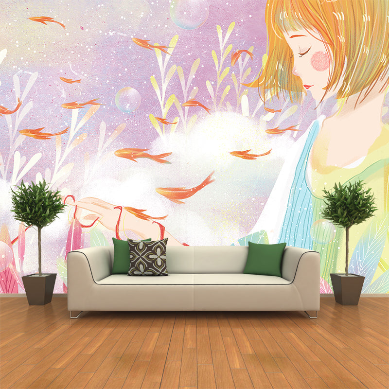 Girl Under Sea Wallpaper Mural Cartoon Waterproofing Bedroom Wall Art, Custom Size Available Clearhalo 'Wall Decor' 'Wall Mural' 1442678