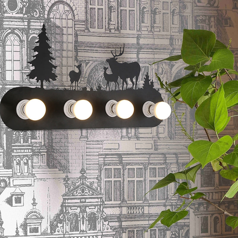 Lodge Open Bulb Wall Light with Elk/Horse/Sheep/Mountain/Windmill/Tree Design 4 Bulbs Metallic Wall Sconce in Black for Indoor Clearhalo 'Wall Lamps & Sconces' 'Wall Lights' Lighting' 144328