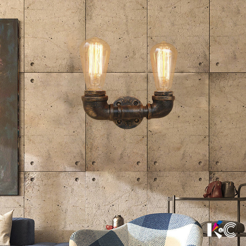 2 Heads Metal Wall Mount Light Industrial Black/Antique Brass Water Pipe Living Room Sconce Wall Light Antique Brass Clearhalo 'Art deco wall lights' 'Cast Iron' 'Glass' 'Industrial wall lights' 'Industrial' 'Middle century wall lights' 'Modern' 'Rustic wall lights' 'Tiffany' 'Traditional wall lights' 'Wall Lamps & Sconces' 'Wall Lights' Lighting' 144417