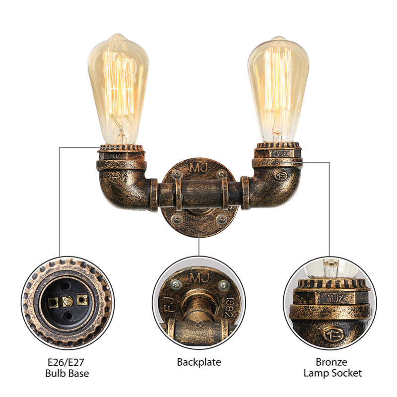 2 Heads Metal Wall Mount Light Industrial Black/Antique Brass Water Pipe Living Room Sconce Wall Light Clearhalo 'Art deco wall lights' 'Cast Iron' 'Glass' 'Industrial wall lights' 'Industrial' 'Middle century wall lights' 'Modern' 'Rustic wall lights' 'Tiffany' 'Traditional wall lights' 'Wall Lamps & Sconces' 'Wall Lights' Lighting' 144421