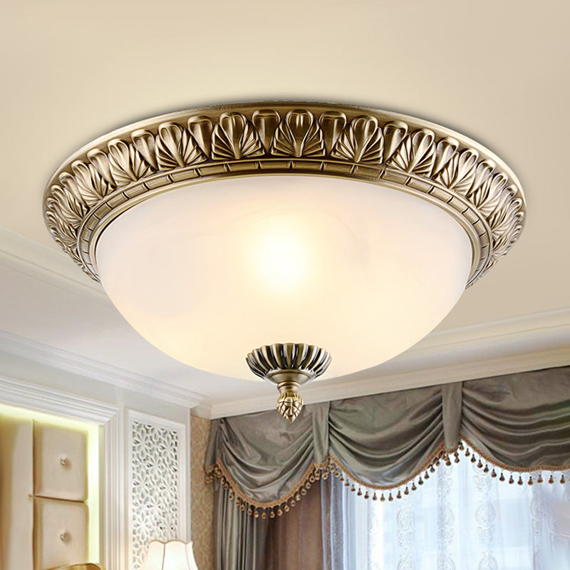 White Glass Brass Ceiling Fixture Dome 2/3-Light Retro Style Flush Mount Lighting, 12