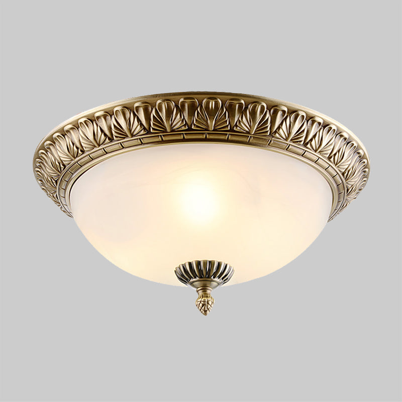 White Glass Brass Ceiling Fixture Dome 2/3-Light Retro Style Flush Mount Lighting, 12