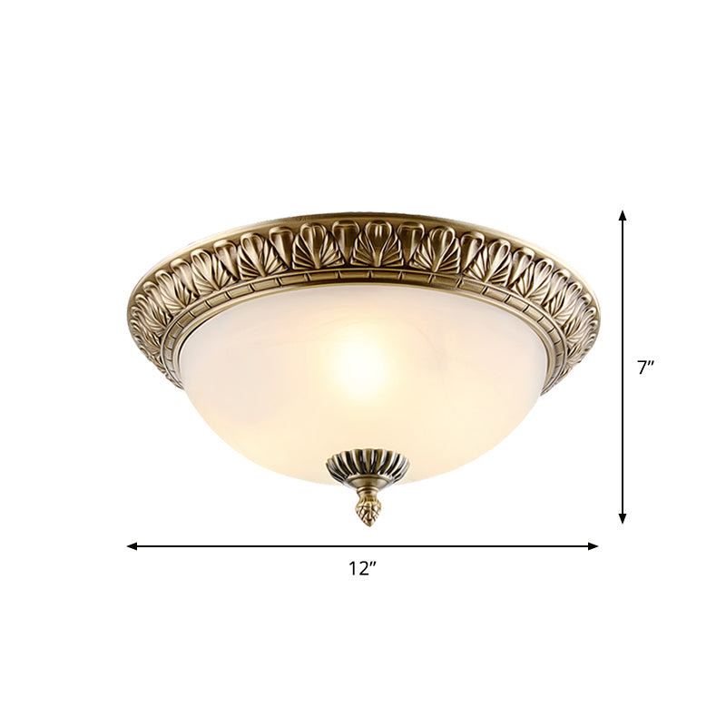 White Glass Brass Ceiling Fixture Dome 2/3-Light Retro Style Flush Mount Lighting, 12