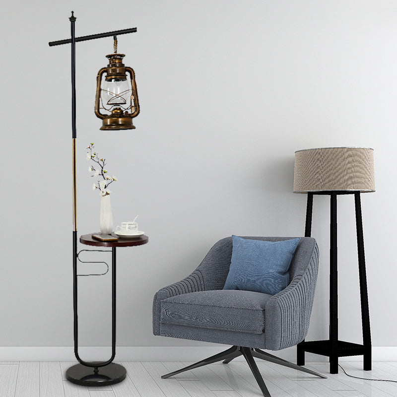 Kerosene Lamp Living Room Floor Light Antiqued Clear Glass Black/White LED Standing Lighting Black Clearhalo 'Floor Lamps' 'Lamps' Lighting' 1450899