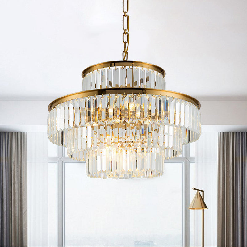 3 Layers Clear Crystal Rod Chandelier Postmodern 23.5