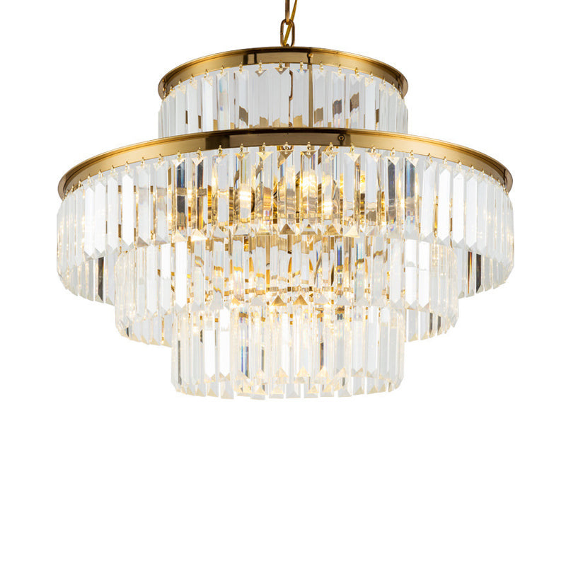 3 Layers Clear Crystal Rod Chandelier Postmodern 23.5