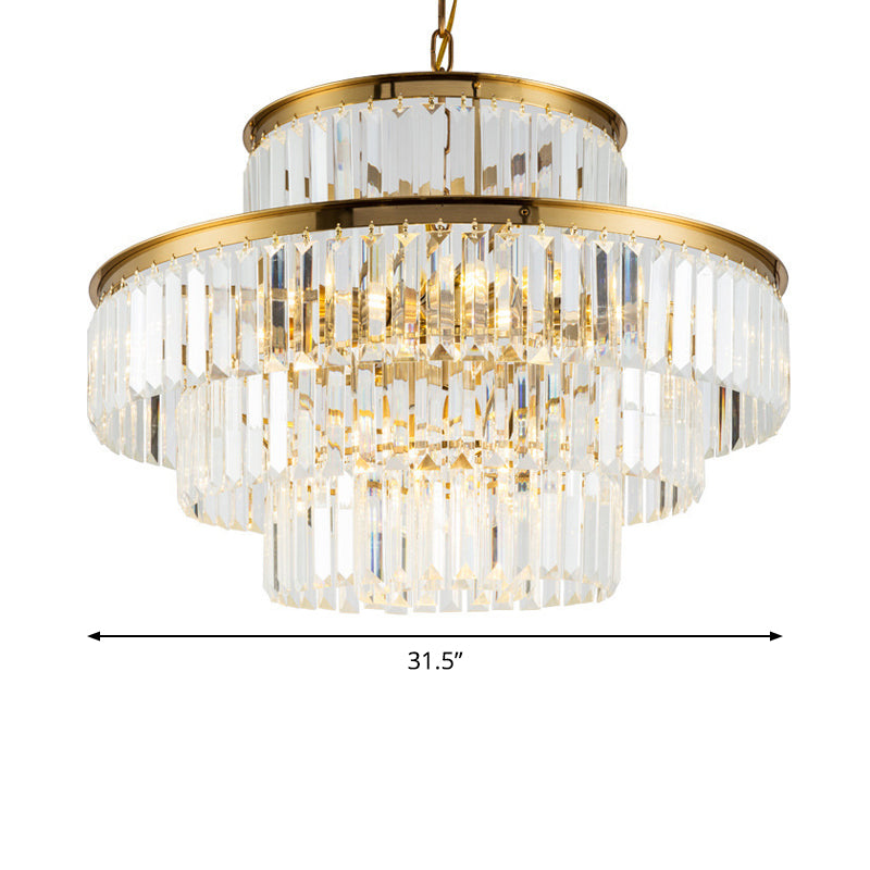 3 Layers Clear Crystal Rod Chandelier Postmodern 23.5